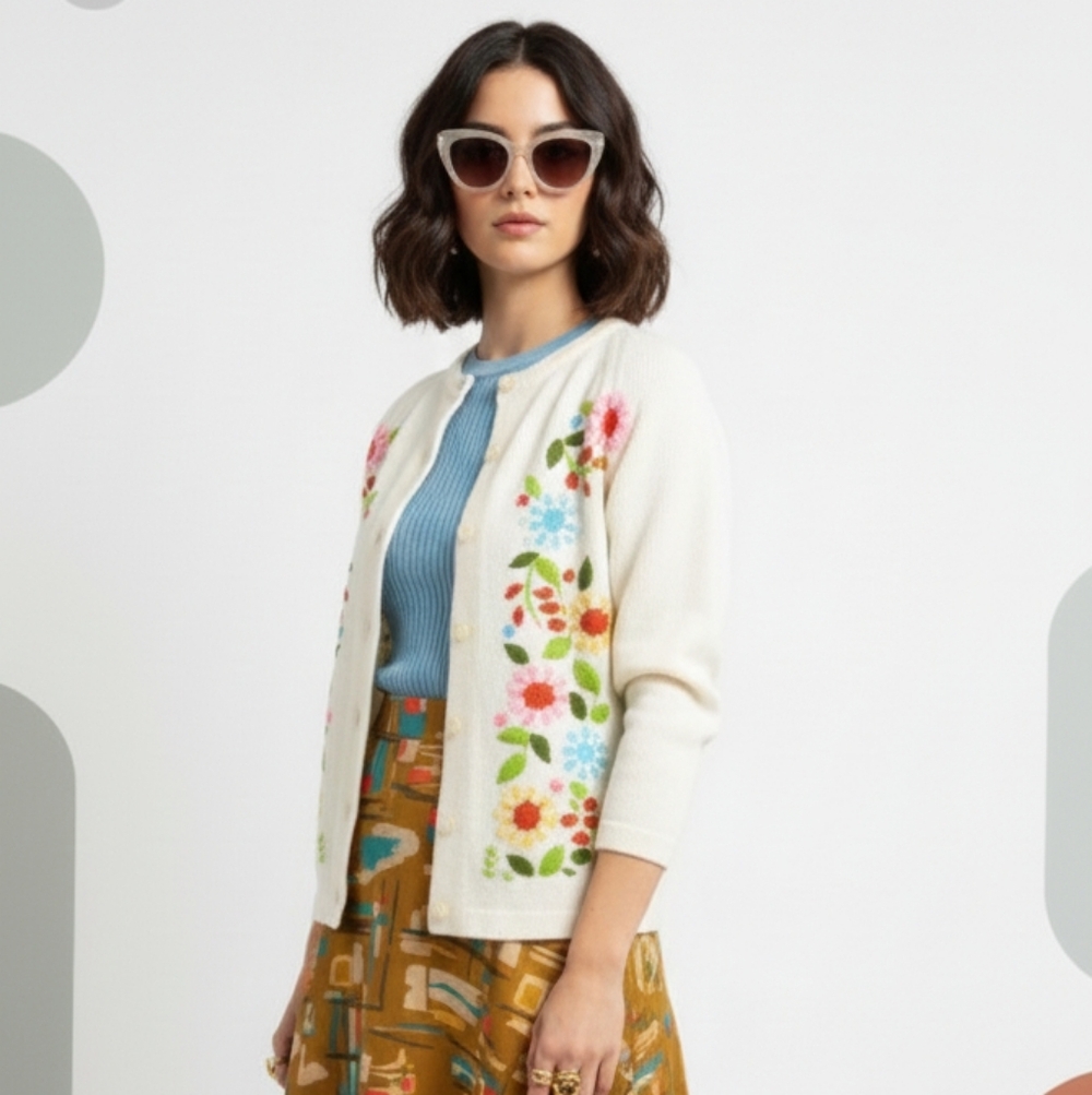 Vintage 60s Style White Knit Cardigan Grandmacore Floral Embroidery  Crew Neck